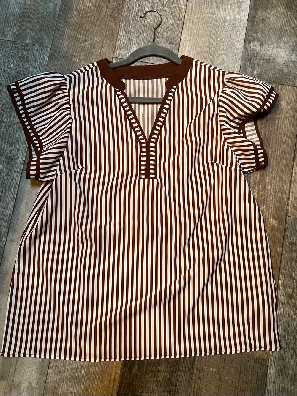 SHEIN Brown and White Striped V-Neck Flutter Sleeve Blouse